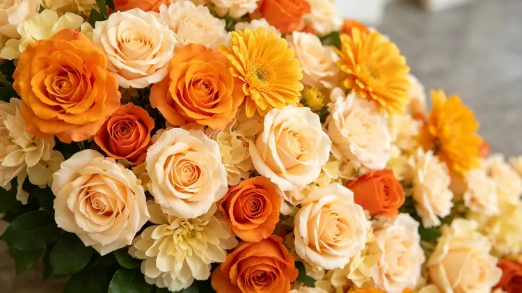 Close-up Detail of Orange Cream Rose Marigold Artificial Flower Garland