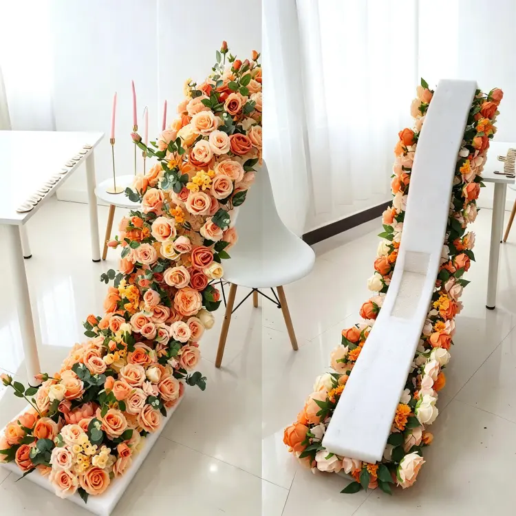 Orange Artificial Flower Runner Backing Structure Hidden Attachment Points and Rolled Storage Form