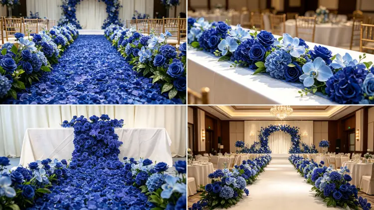 Blue Artificial Flower Runner in Multiple Royal Wedding Settings Aisle Banquet Ocean Ceremony