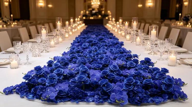Blue Flower Runner on Royal Wedding Table Blue Rose Hydrangea Orchid Decor