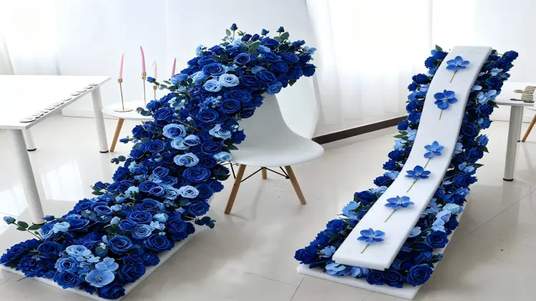 Blue Artificial Flower Runner Backing Structure Hidden Attachment Points and Rolled Storage Form