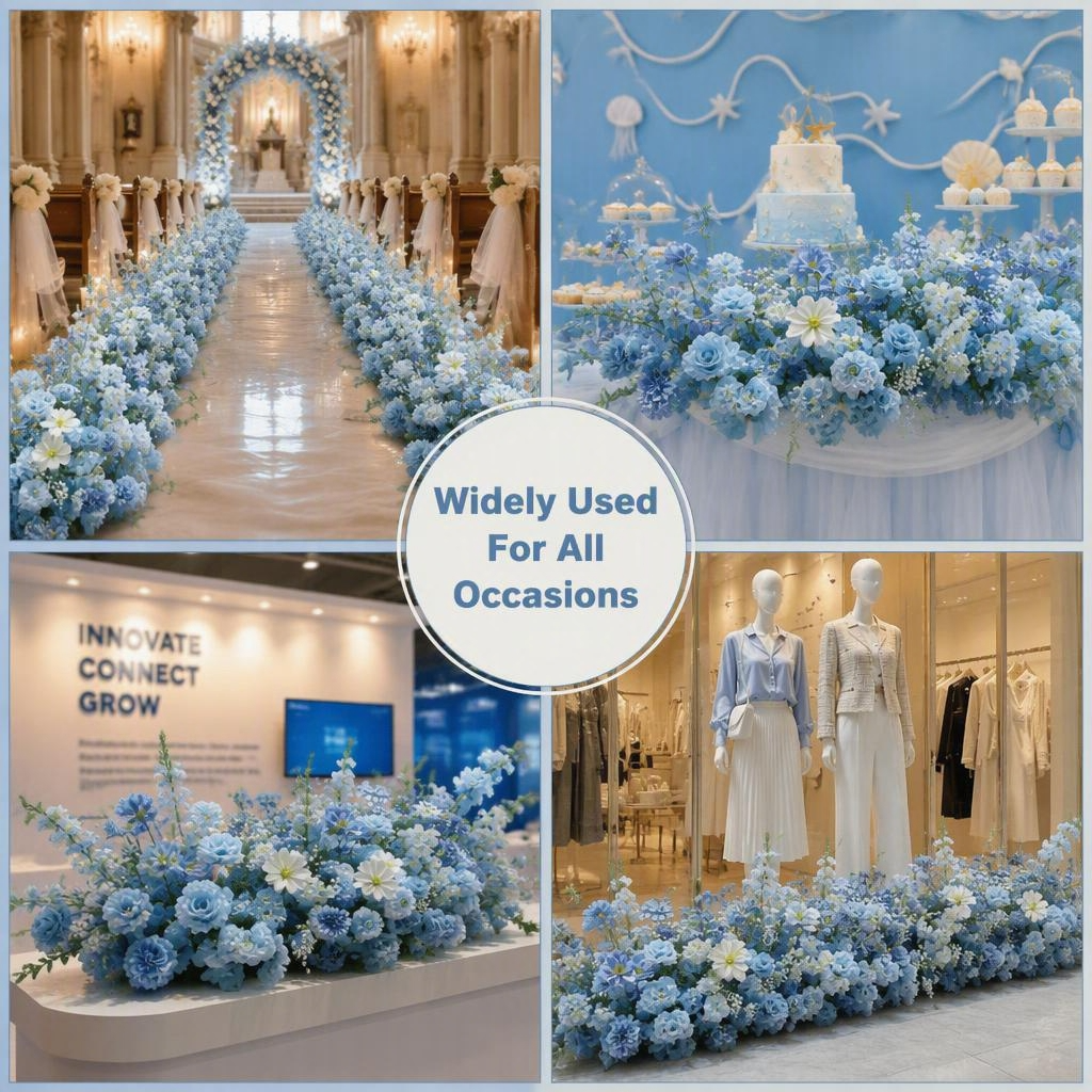 Dusty Blue Flower Runner – Dusty Blue Rose & Daisy Artificial Aisle Runner