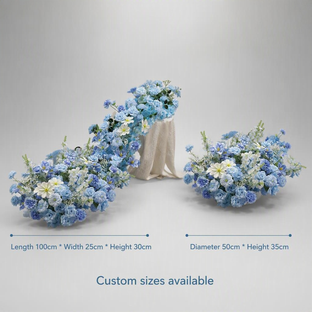 Dusty Blue Flower Runner – Dusty Blue Rose & Daisy Artificial Aisle Runner
