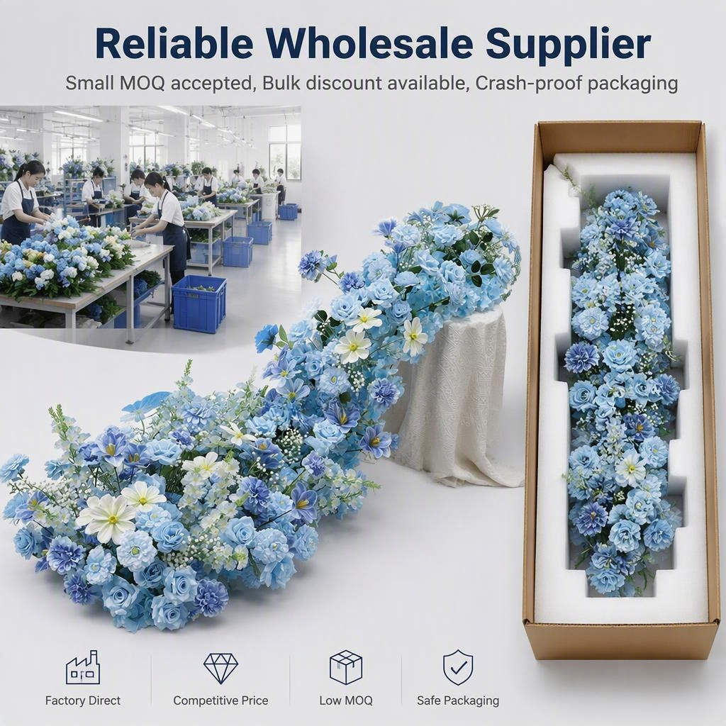 Dusty Blue Flower Runner – Dusty Blue Rose & Daisy Artificial Aisle Runner