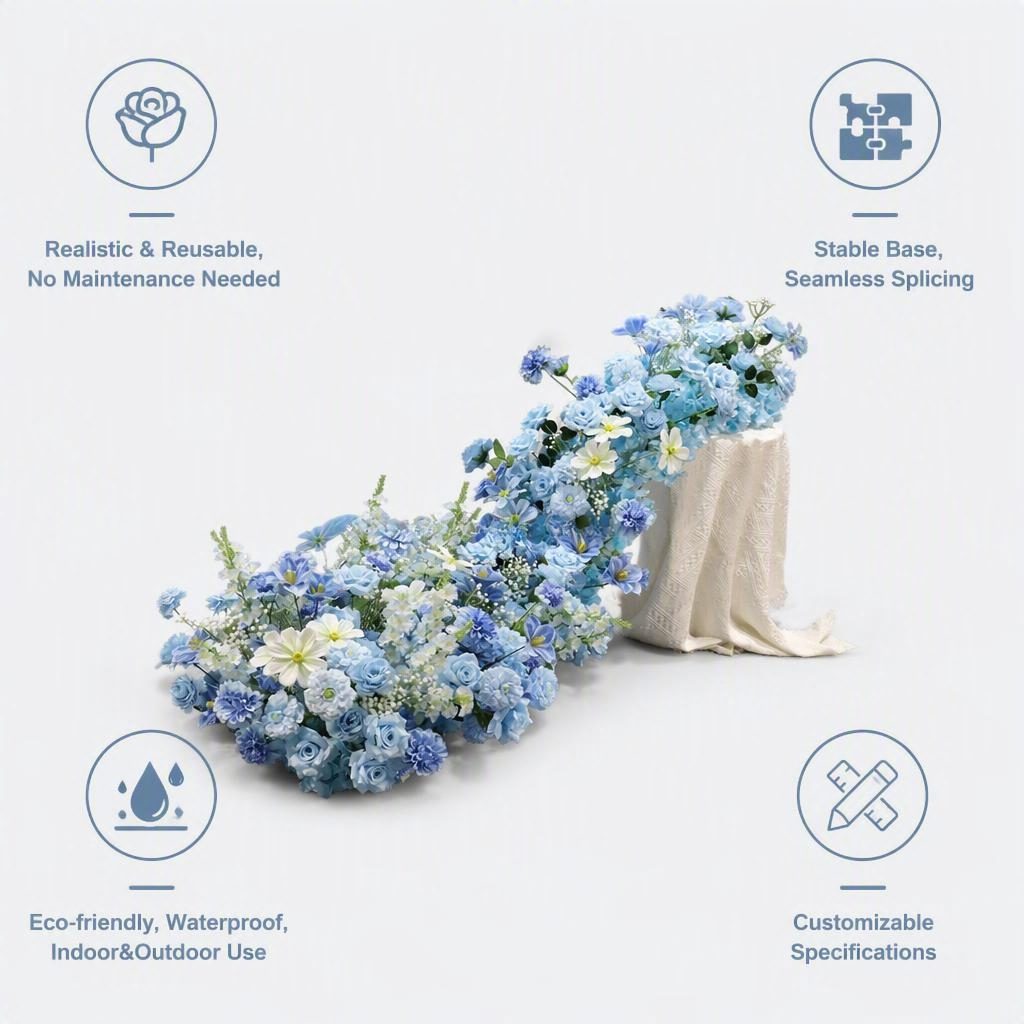 Dusty Blue Flower Runner – Dusty Blue Rose & Daisy Artificial Aisle Runner
