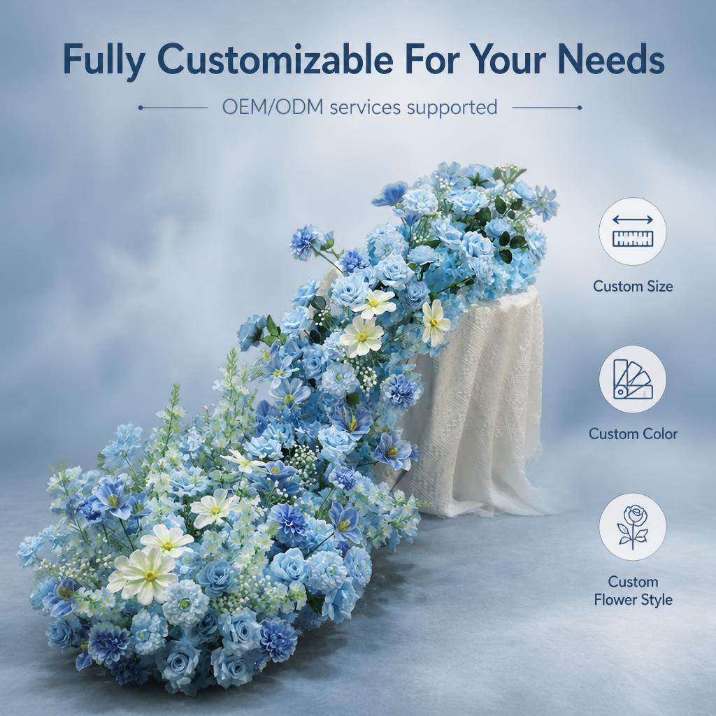 Dusty Blue Flower Runner – Dusty Blue Rose & Daisy Artificial Aisle Runner