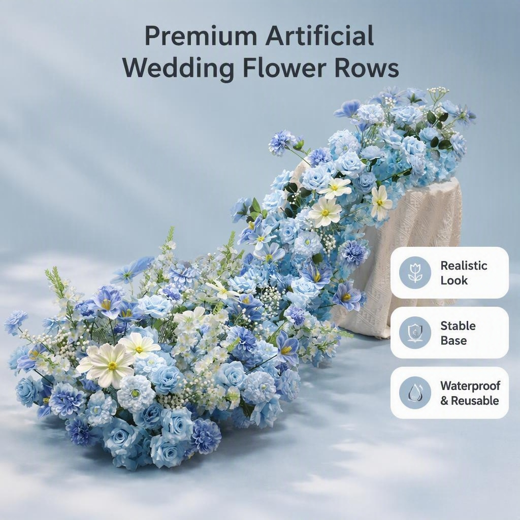 Dusty Blue Flower Runner – Dusty Blue Rose & Daisy Artificial Aisle Runner