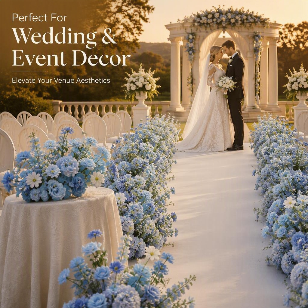 Dusty Blue Flower Runner – Dusty Blue Rose & Daisy Artificial Aisle Runner