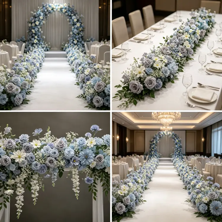 Dusty Blue Artificial Flower Runner in Multiple French Wedding Settings Aisle Banquet Garden Ceremony