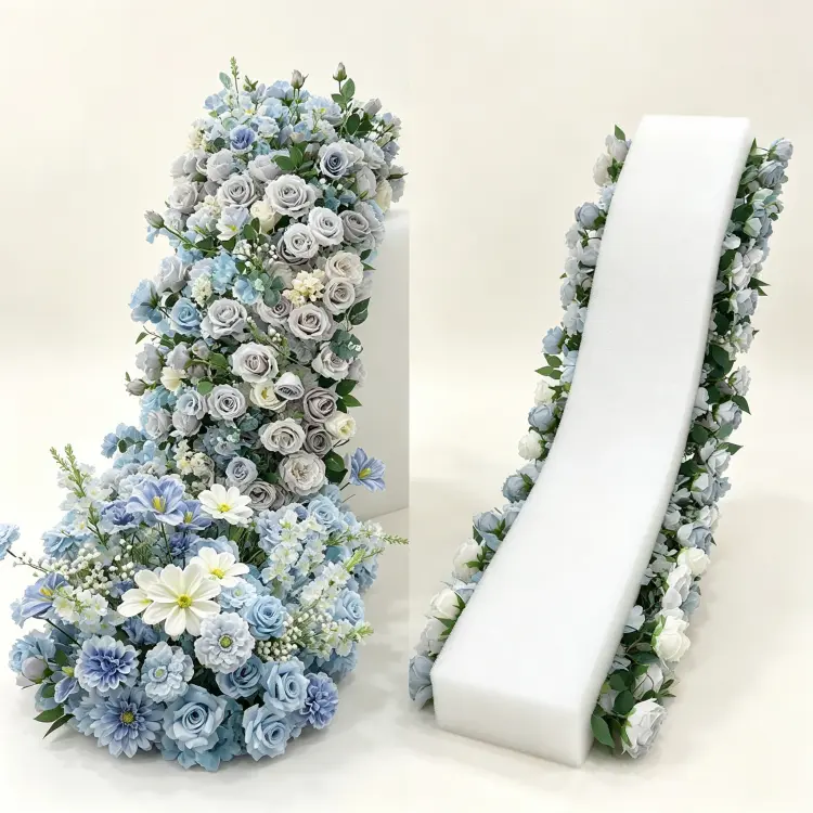 Dusty Blue Artificial Flower Runner Backing Structure Hidden Attachment Points and Rolled Storage Form