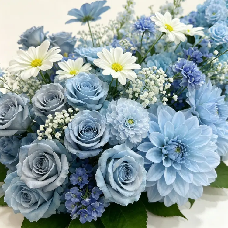 Close-up Detail of Dusty Blue Rose Daisy Baby's Breath Artificial Flower Garland