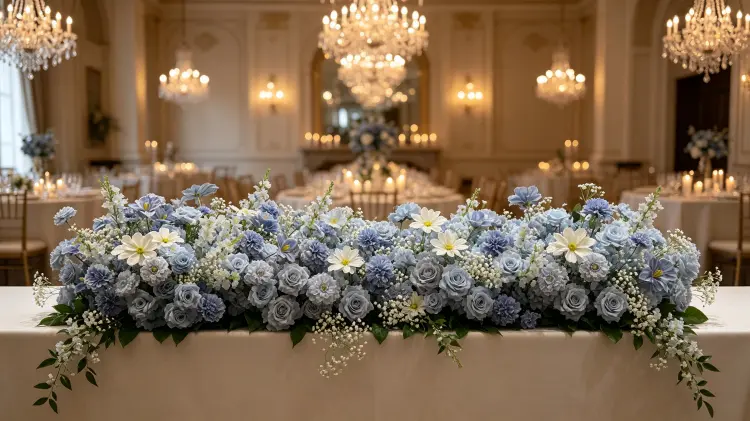 Dusty Blue Flower Runner on French Wedding Table Dusty Blue Rose Daisy Baby's Breath Decor