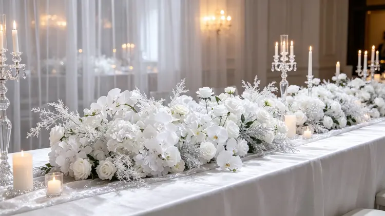 Silver Flower Runner on Luxury Wedding Table Silver White Rose Orchid Misty Grass Decor
