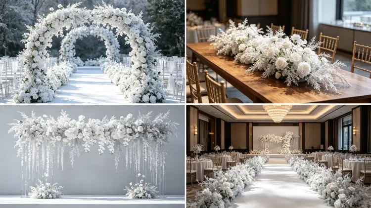 Silver Artificial Flower Runner in Multiple Winter Wedding Settings Aisle Banquet Ice Ceremony