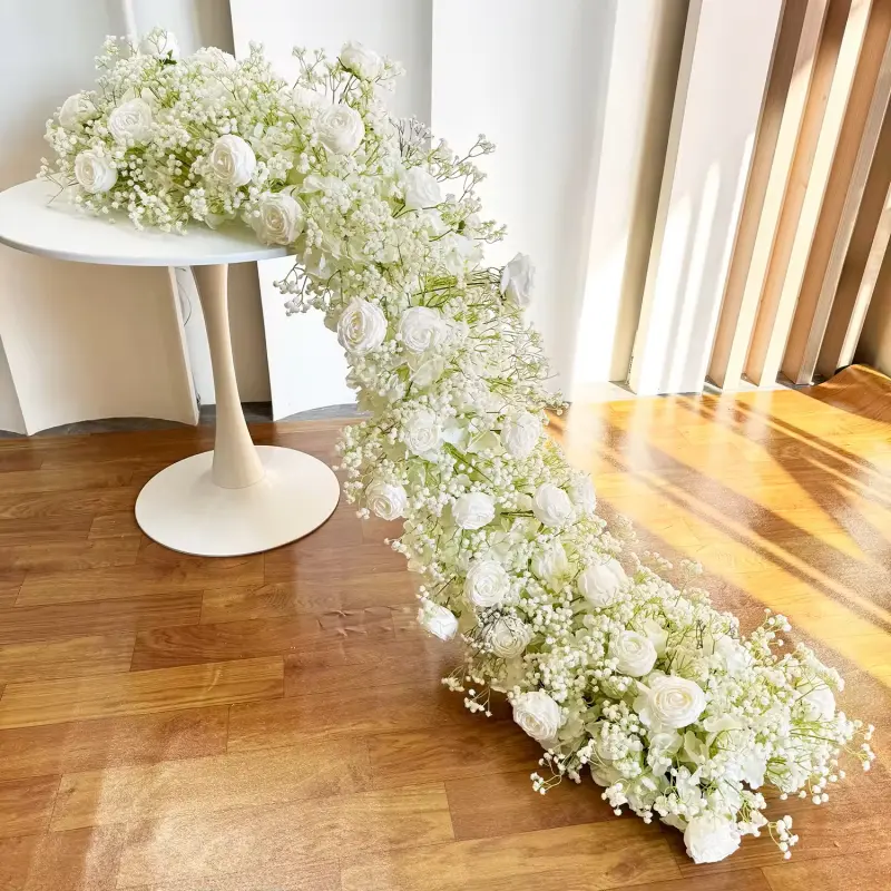 Baby's Breath Flower Runner – White Rose & Gypsophila Artificial Aisle Runner