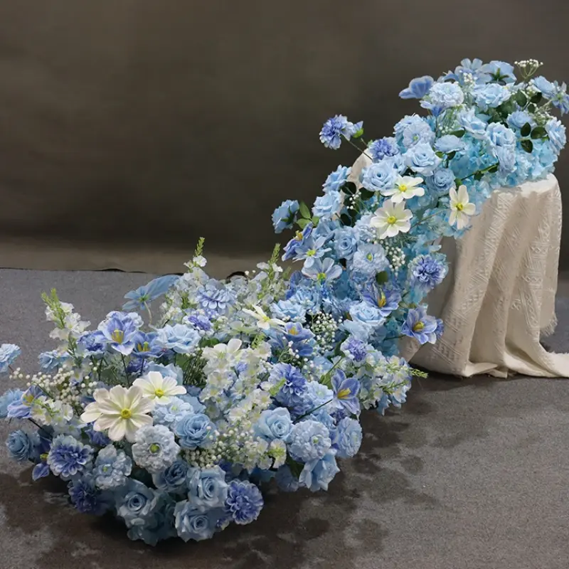 Dusty Blue Flower Runner – Dusty Blue Rose & Daisy Artificial Aisle Runner