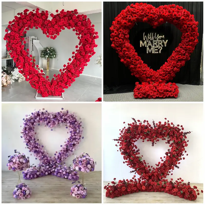 Purple Heart Floral Arch with Metal Stand – Handmade Dense Roses Elegant Wedding Proposal Backdrop