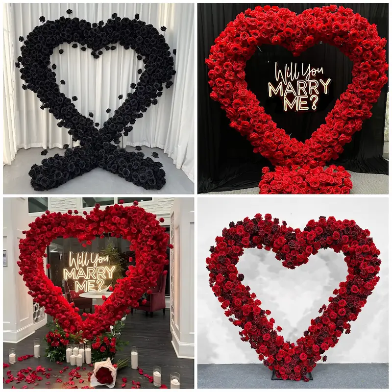 Purple Heart Floral Arch with Metal Stand – Handmade Dense Roses Elegant Wedding Proposal Backdrop