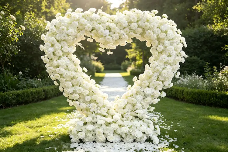 white heart arch outdoor garden wedding ceremony