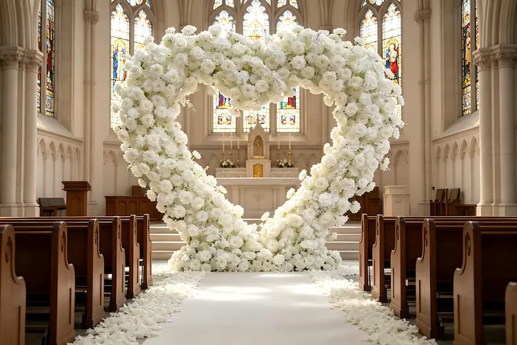 white heart flower arch church wedding ceremony altar
