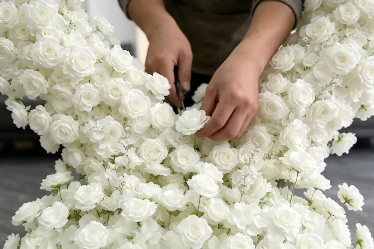 artisan handcrafting white heart shaped flower arch