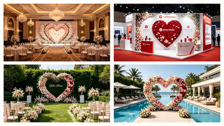 international event cases using XIBO heart shaped flower backdrops