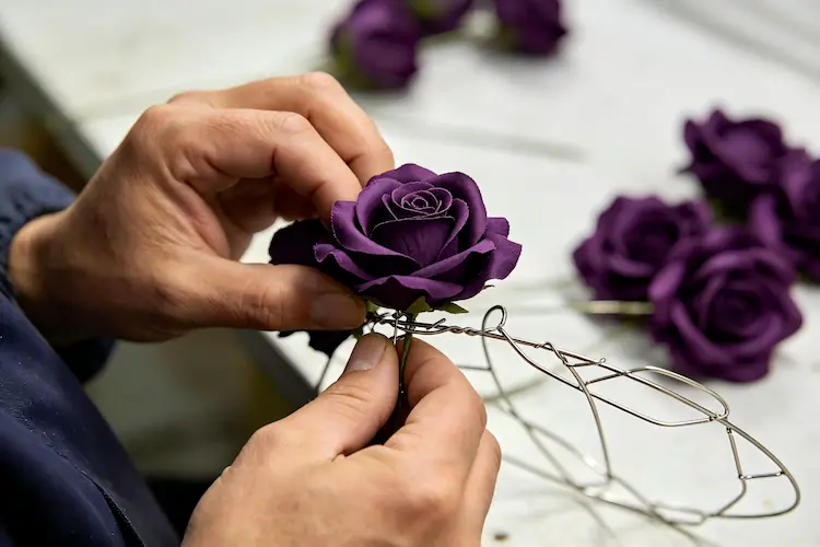 artisan handcrafting purple heart arch realistic silk roses