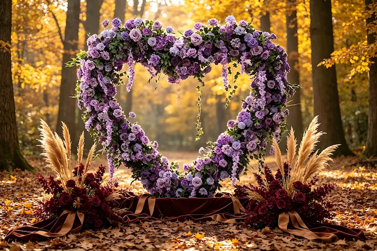 purple heart arch autumn wedding fall colors