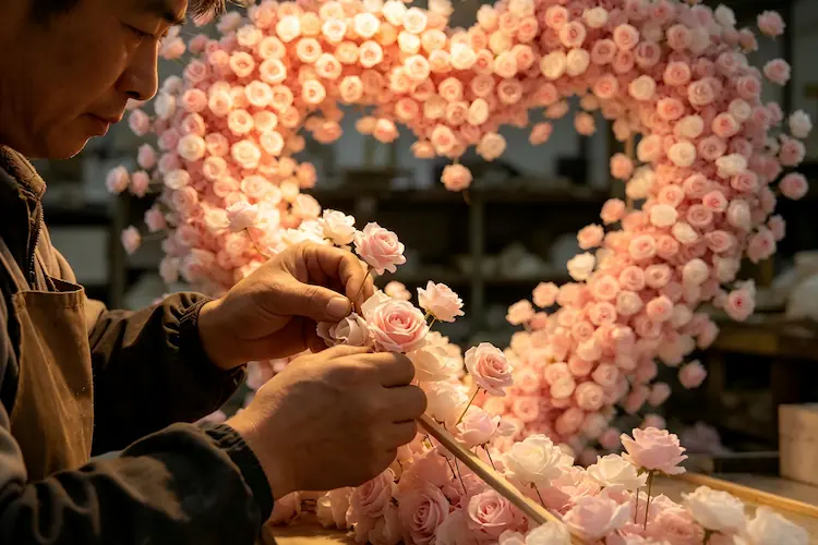 artisan handcrafting pink white heart shaped flower wall