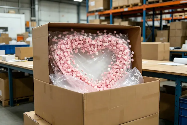 pink white heart flower wall packaging in carton for shipping