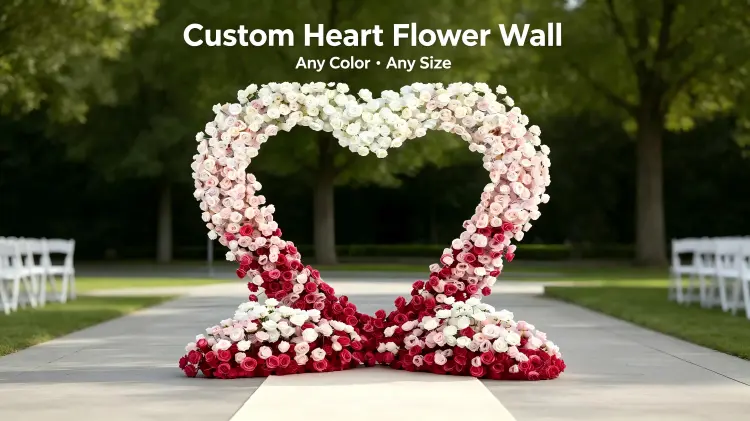 custom heart shaped flower wall pink gradient wedding backdrop