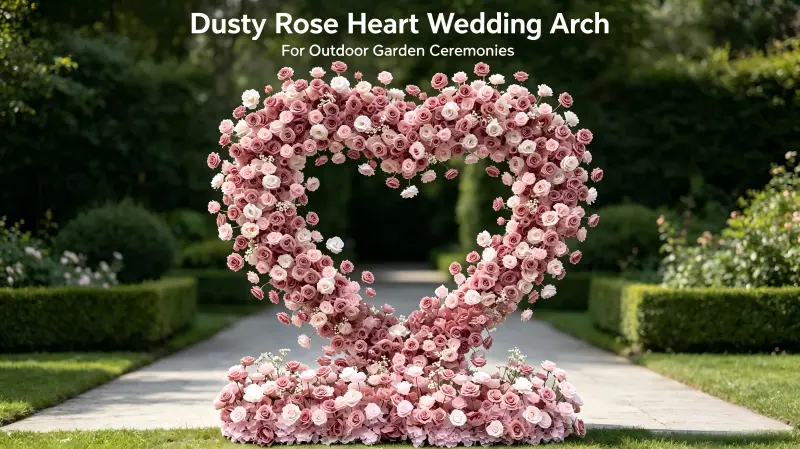dusty rose heart wedding arch outdoor garden ceremony backdrop