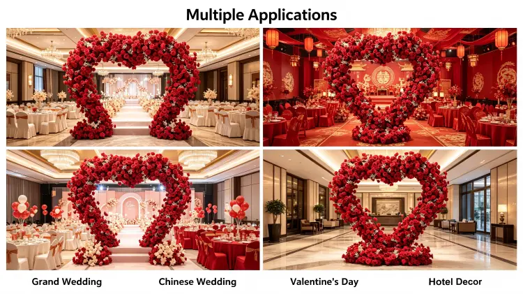 red oversized heart arch multiple event applications collage