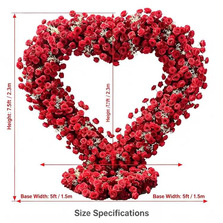 oversized heart flower arch dimensions 7.5ft 2.3m size chart