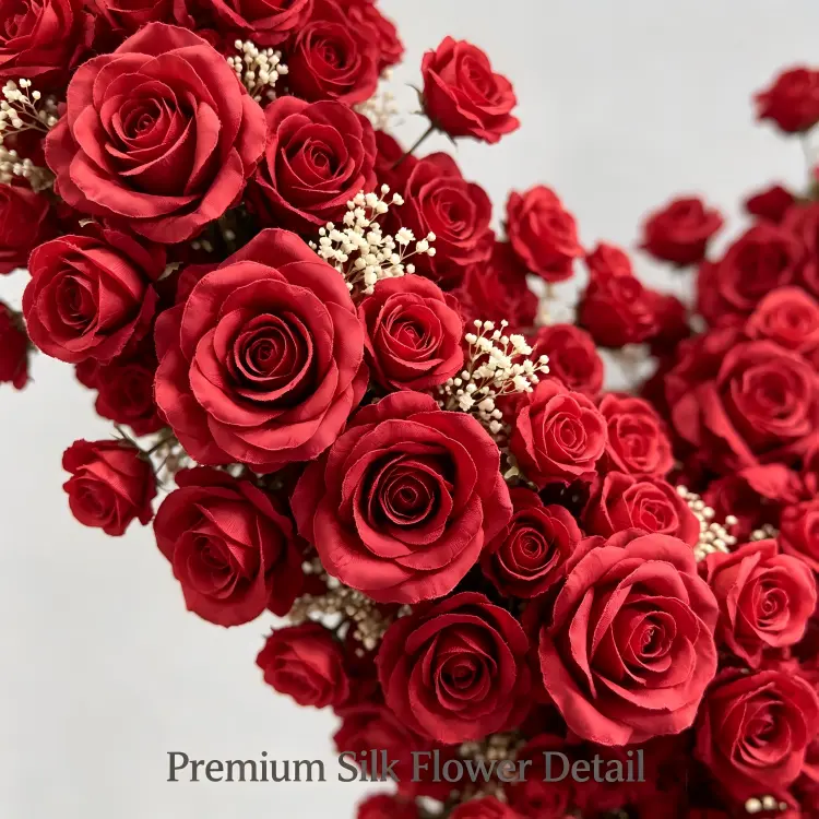 red roses baby's breath close up detail heart arch texture