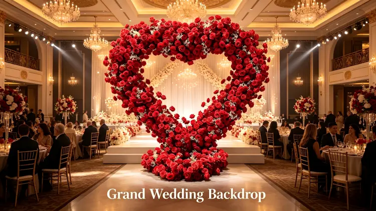 red rose oversized heart arch wedding ballroom backdrop grand