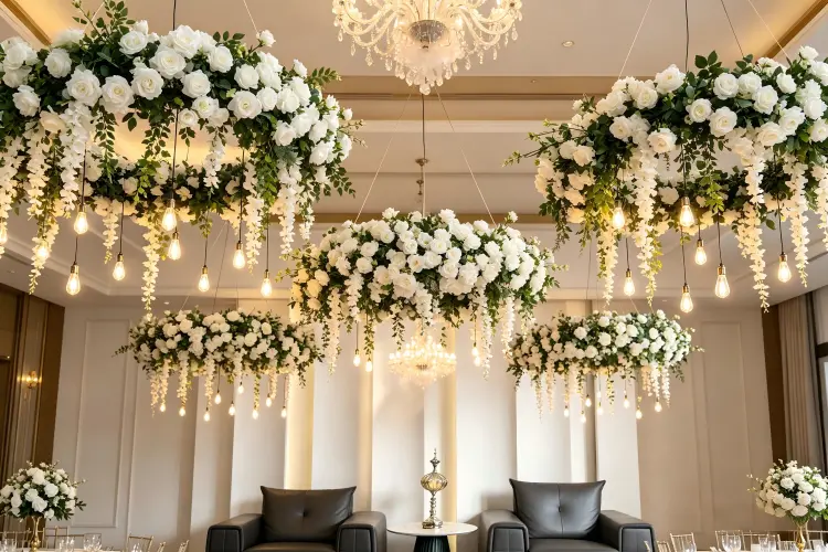 hanging floral hoops ceiling installation wedding reception elegant dining room