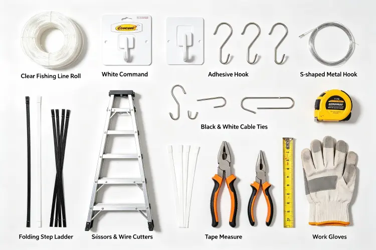 tools needed for hanging flower installation fishing line hooks ladder zip ties