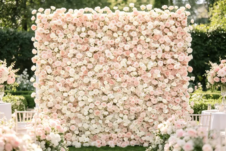 white blush flower wall backdrop wedding ceremony romantic setup