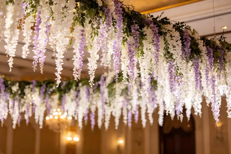 wisteria garland ceiling installation wedding reception romantic canopy