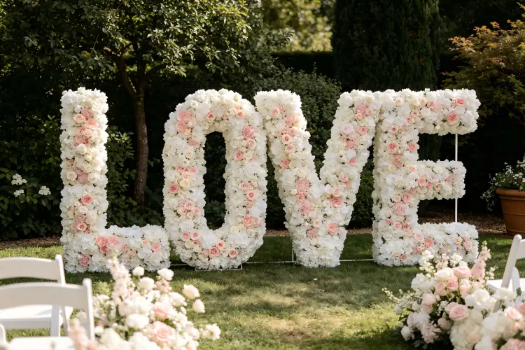 LOVE flower letter sign wedding ceremony backdrop white blush floral letters