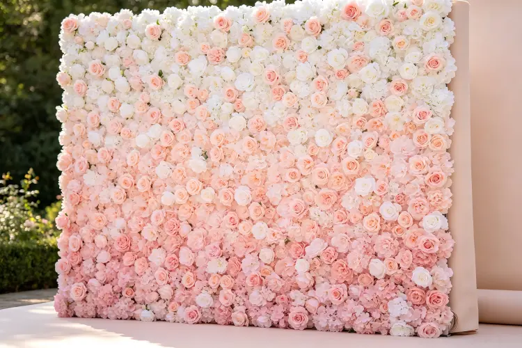 gradient ombre flower wall blush pink to white wedding backdrop
