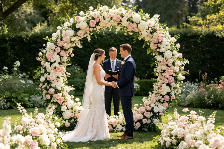 moon gate flower arch wedding ceremony backdrop white blush greenery