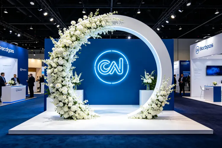 moon gate arch corporate event branding backdrop company logo