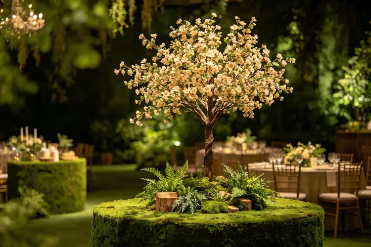 Eco-friendly artificial flower tree made with recyclable materials in green event setting