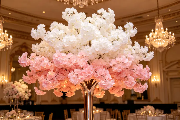 Full artificial cherry blossom tree with mixed pink and white flowers at wedding entrance