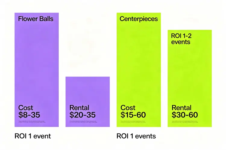 Bar chart comparing flower ball vs centerpiece cost, rental price, and ROI timeline