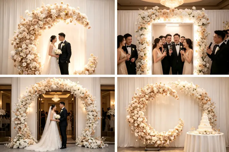 Collage showing moon gate arch used as ceremony backdrop, photo booth, entrance, and cake table