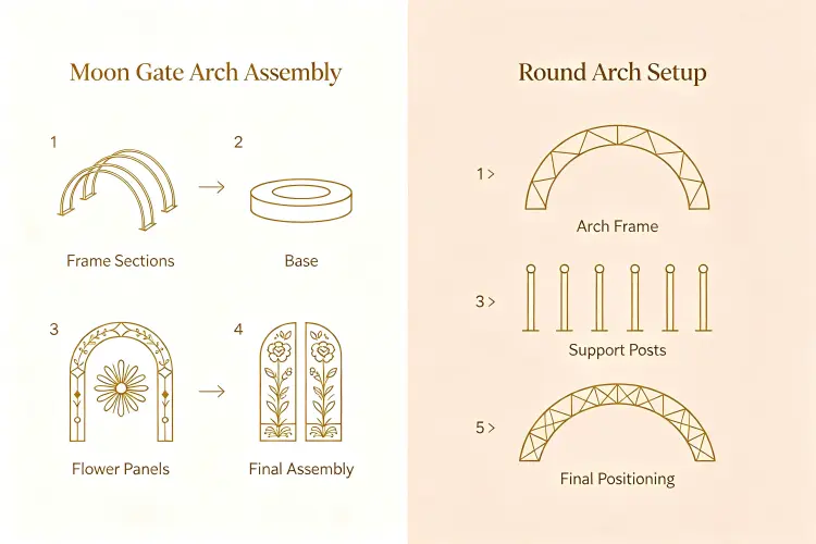 Assembly process comparison of moon gate and round arch setup steps