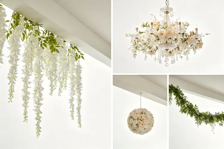 Different types of hanging flower installations including wisteria vines, floral chandeliers, and hanging flower balls